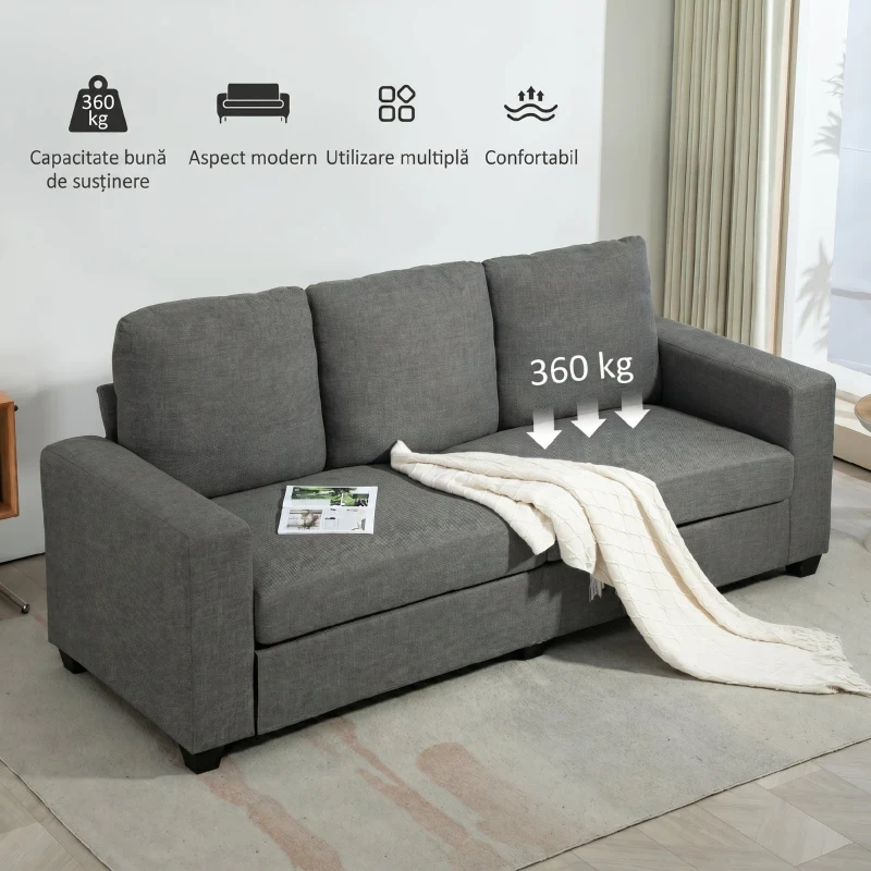 HOMCOM Canapea 3 locuri din material textil cu perne capitonate și tapițerie cu efect de in, 237x94x102cm, gri(m-6)