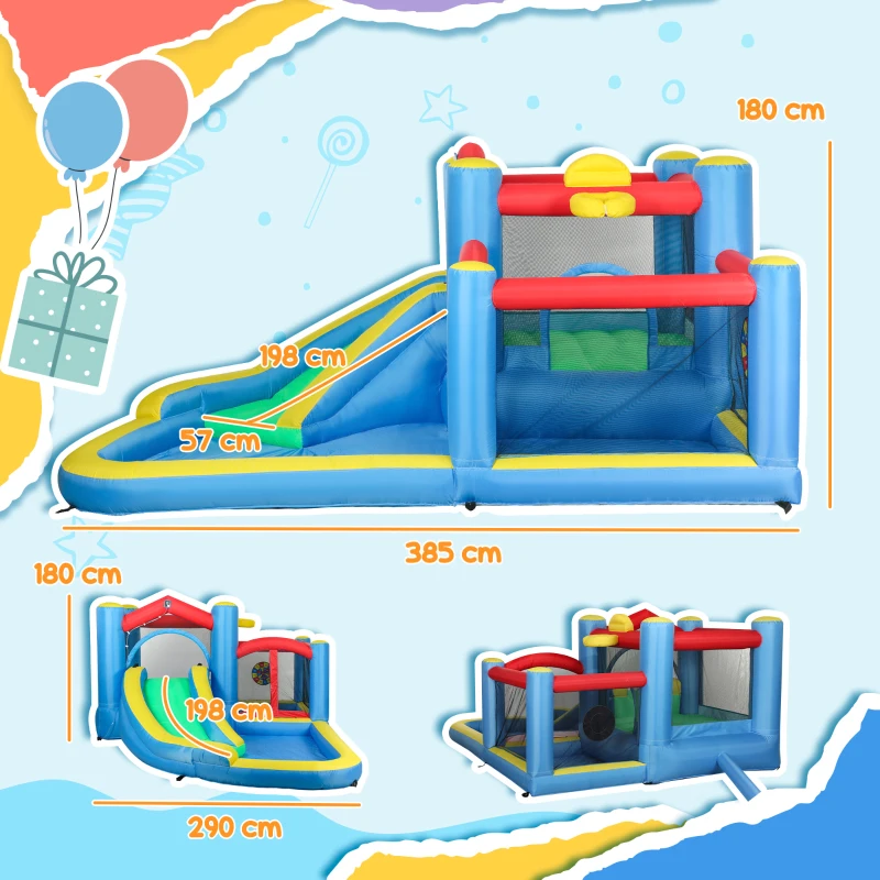 AIYAPLAY Castello Gonfiabile 5 in 1 con Scivolo Piscine e Canestro, Soffiatore e Borsa da Trasporto, 385x290x180 cm, Multicolore