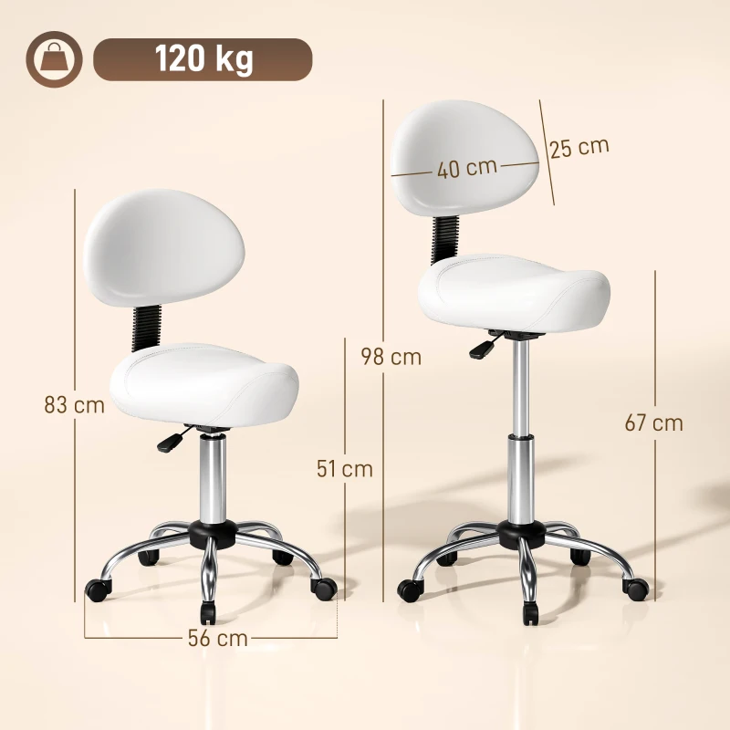 HOMCOM Taburete Giratorio con Respaldo y Ruedas Silla Ajustable para Salones de Belleza Estudio de Tatuajes 50x50x83-98cm Blanco