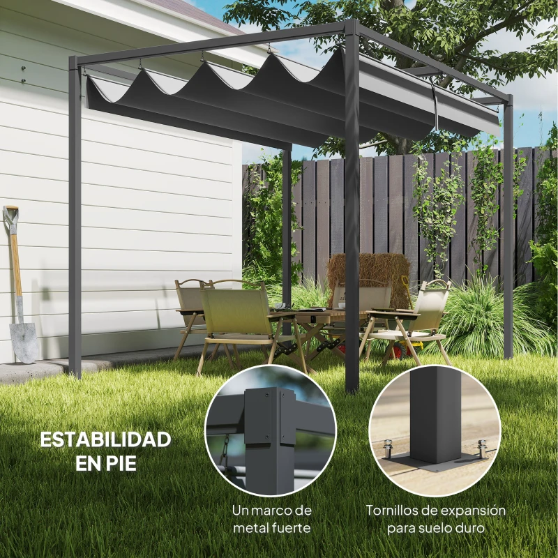 Outsunny Pérgola de Jardín 3x2m Cenador de Techo Retráctil de Poliéster Recubrimiento Resistente para Celebraciones Fiestas Gris