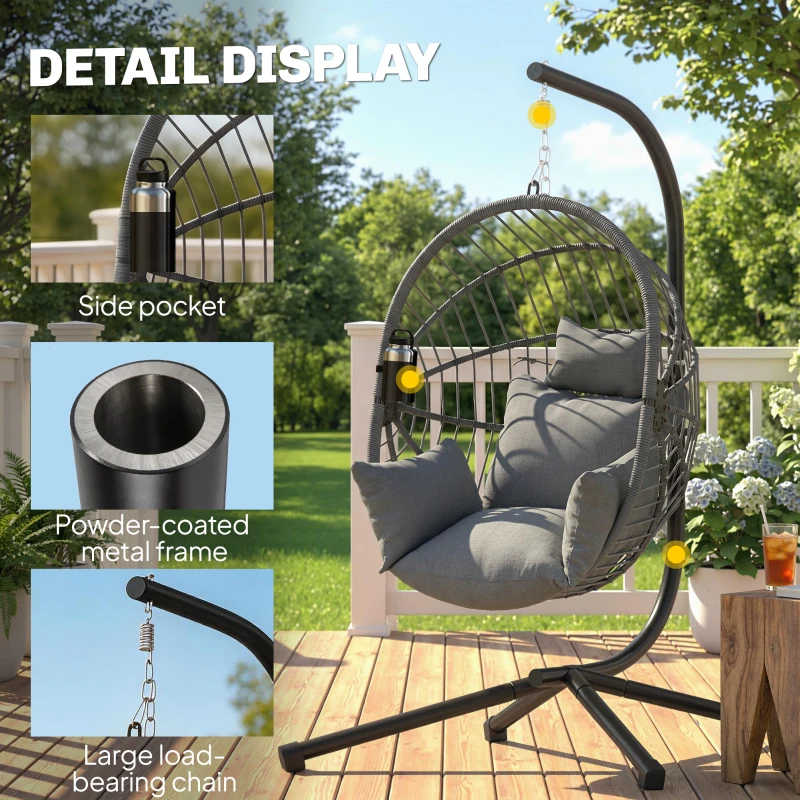 Outsunny Outdoor Hängesessel Hängesessel, inkl. Polster, Egg-Chair, 120 cm x 106 cm x 188 cm,  Grau