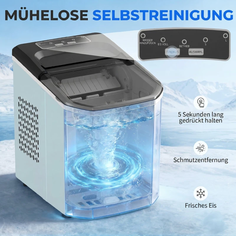 HOMCOM Máquina de Cubos de Gelo Autolimpante 12 kg/24H 9 Cubos Prontos em 7 Minutos 2 Tamanhos de Gelo Depósito de 1,5L Azul