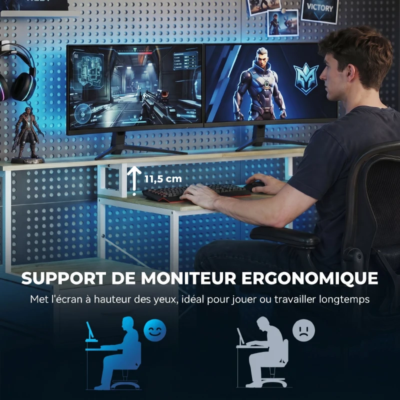 HOMCOM Bureau d'angle avec prises et lumières LED RGB, bureau d'ordinateur, 172 x 100 cm, support d'écran, 2 tiroirs, blanc