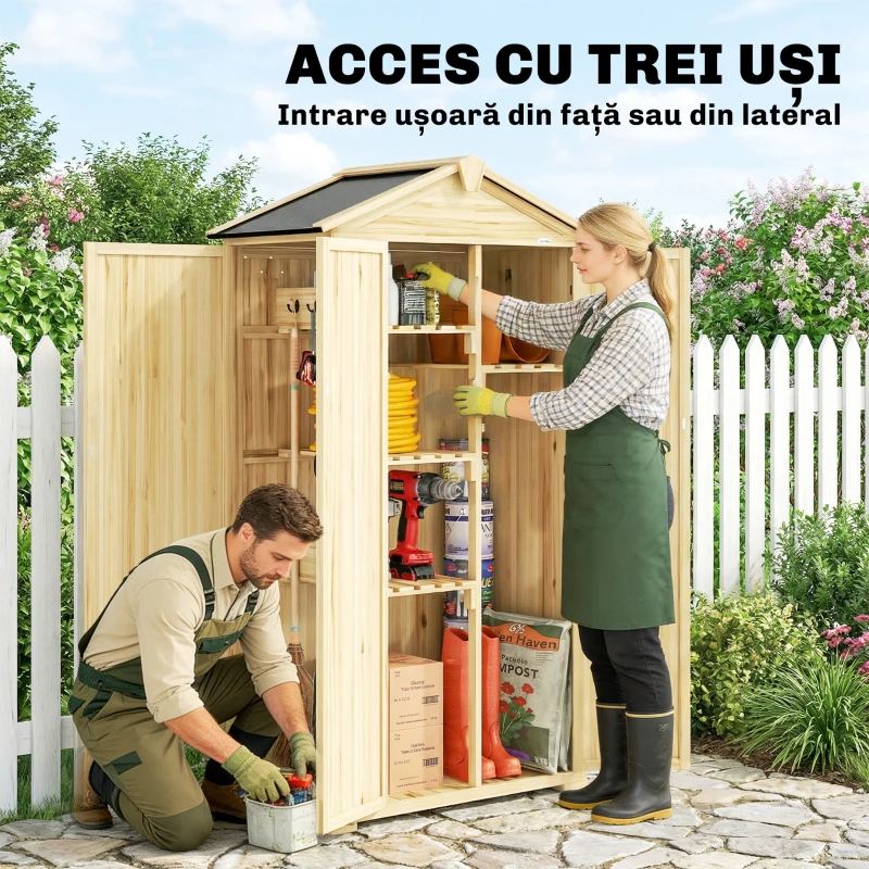 Outsunny Dulap de Grădină cu 3 Uși, 4 Rafturi și Cârlige, din Lemn de Brad, 93x53x168 cm, Culoare Lemn