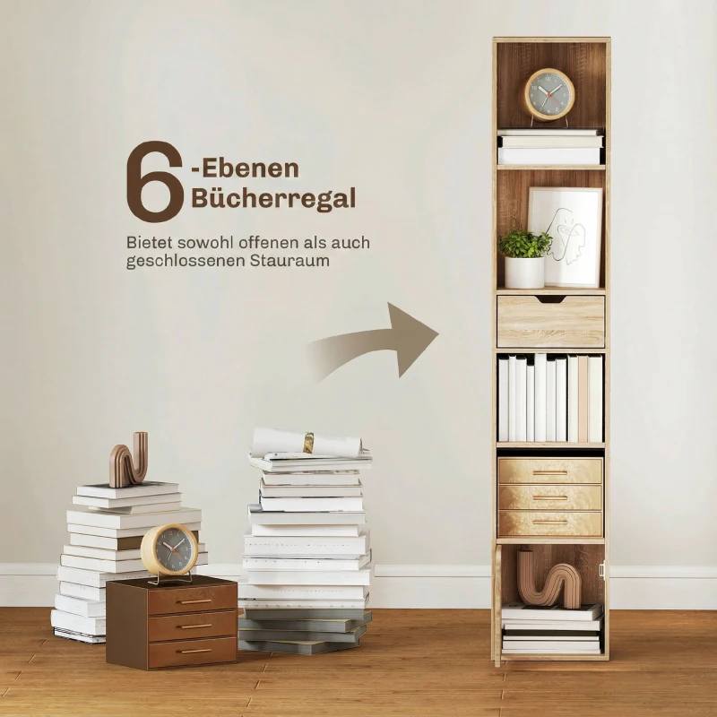 HOMCOM Scaffale Libreria a 4 Ripiani Aperti con Armadietto e Cassetto, 30x24x158 cm, Color Legno