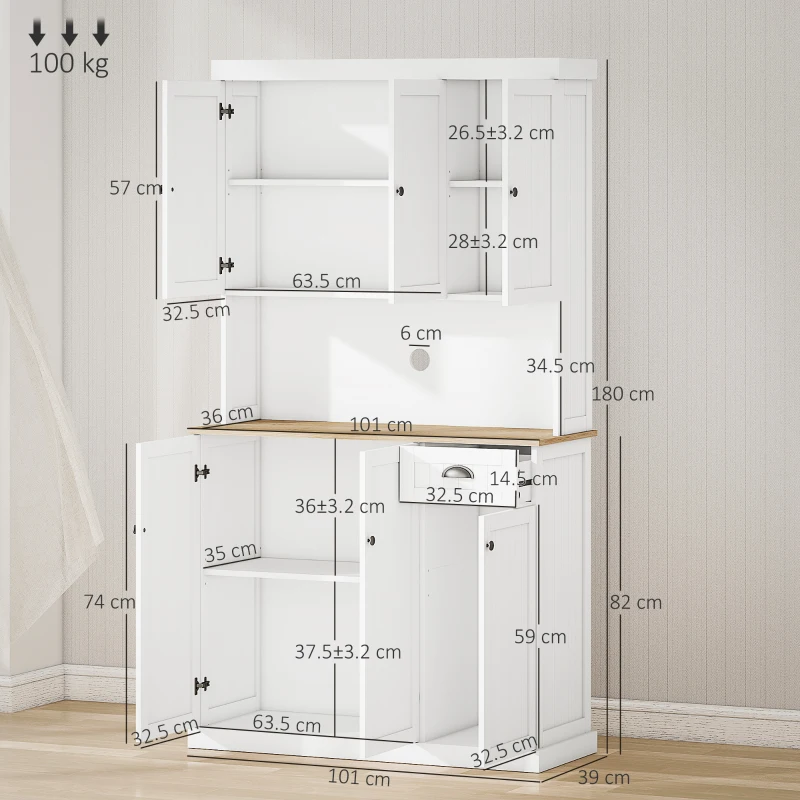 HOMCOM White Kitchen Cabinet 180cm Freestanding Modern Storage with Open Countertop Drawer 6 Doors Kitchen White