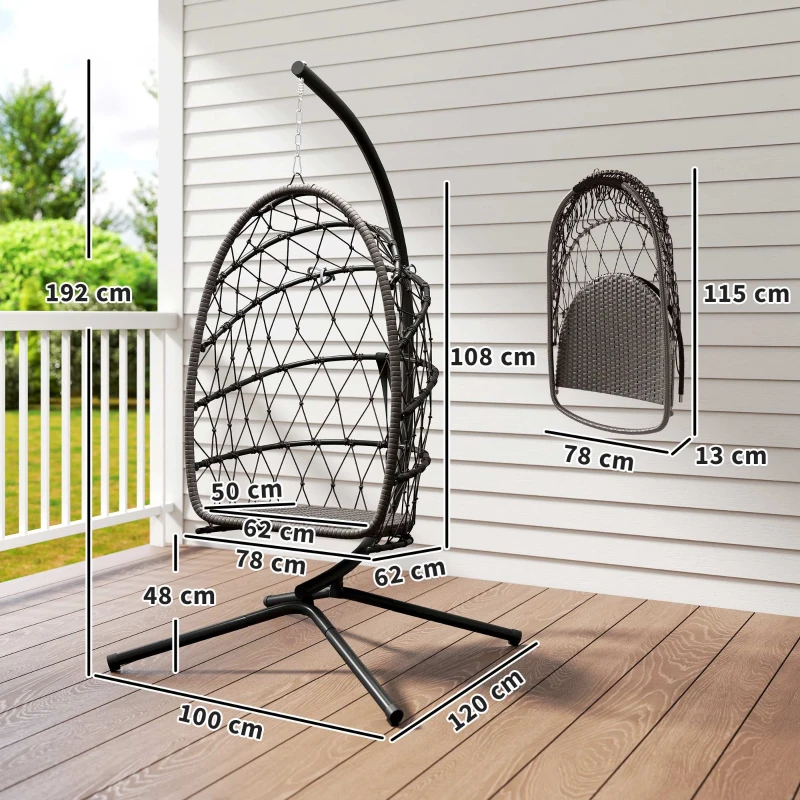 Outsunny Cadeira Suspensa Tipo Ovo com Suporte, Cesto Dobrável, Almofada, Apoio de Cabeça e Corda, Suporta até 120 kg, Castanha