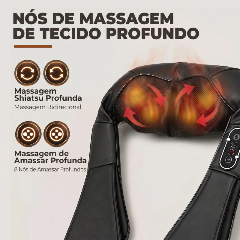 HOMCOM Massageador Cervical e de Costas com Calor e 8 Nós Shiatsu 3 Intensidades de Amassamento 3D Preto
