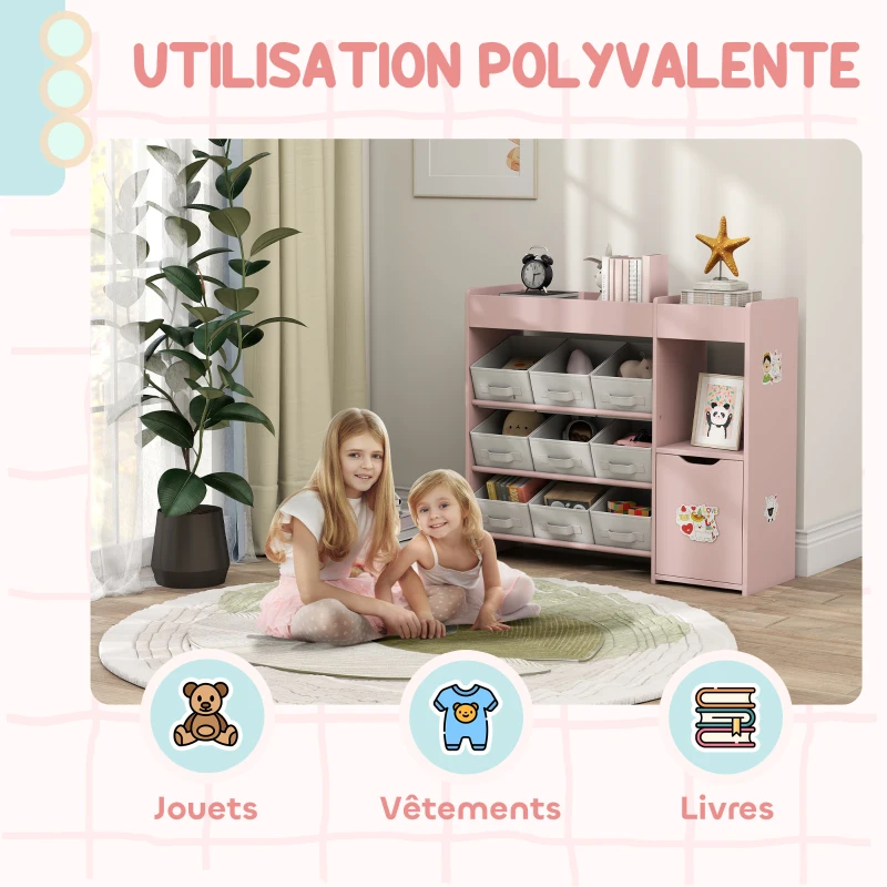 AIYAPLAY Meuble rangement enfant étagère de rangement pour jouets enfants avec 9 tiroirs en tissu et placard, rose