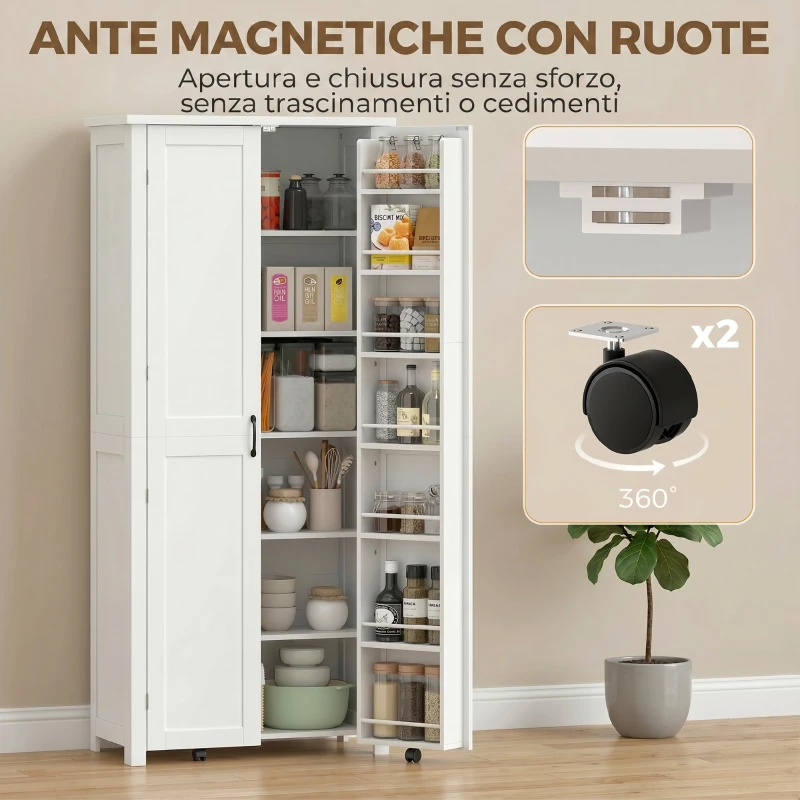 HOMCOM Mobile Cucina Alto con Ruote, 2 Ante, 14 Scomparti, 80x40x180 cm, Bianco