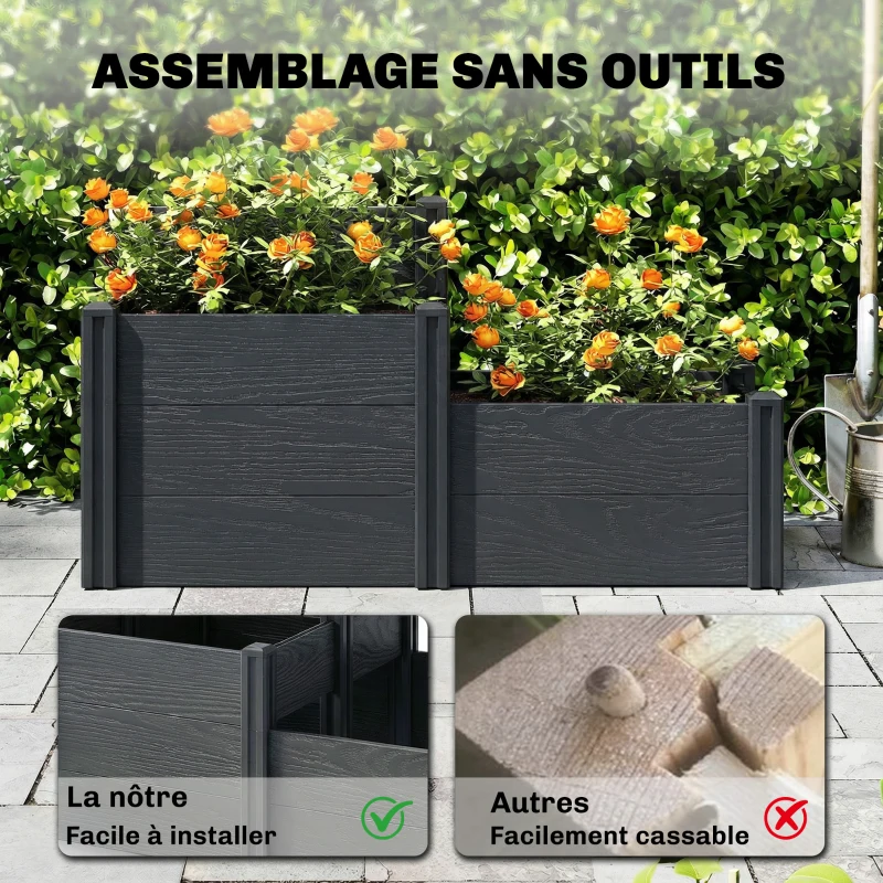 Outsunny Jardinière surélevée, lit de jardin à 3 niveaux avec fond ouvert pour fleurs, légumes, 120 x 80 x 64 cm, effet bois gris