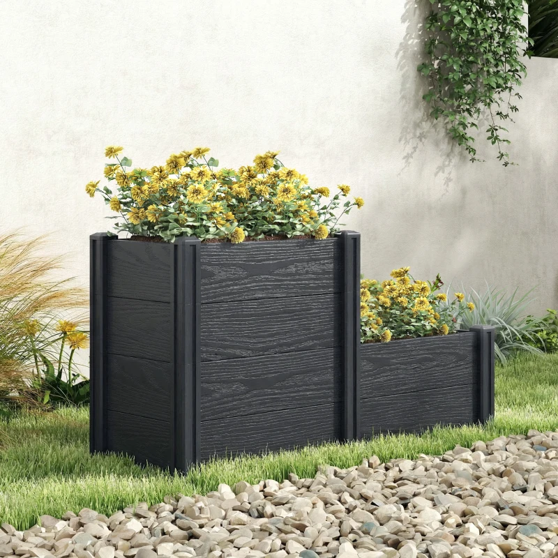 Outsunny Jardinière surélevée, lit de jardin à 3 niveaux avec fond ouvert pour fleurs, légumes, 120 x 80 x 64 cm, effet bois gris