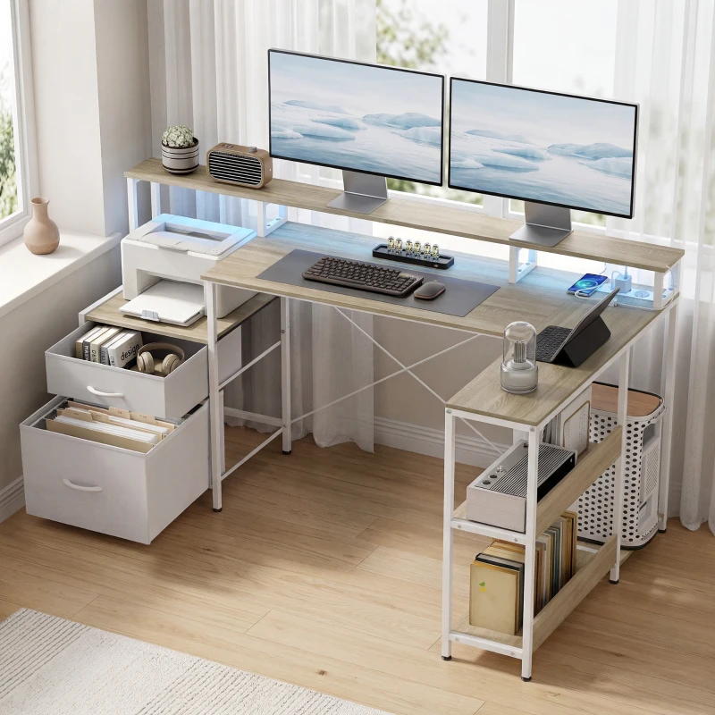 HOMCOM Bureau d'angle avec prises et lumières LED RGB, bureau d'ordinateur, 172 x 100 cm, support d'écran, 2 tiroirs, blanc