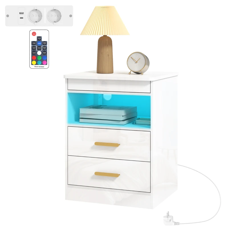 HOMCOM Noptieră modernă, masă laterală cu stație de încărcare și iluminare LED RGB, alb lucios