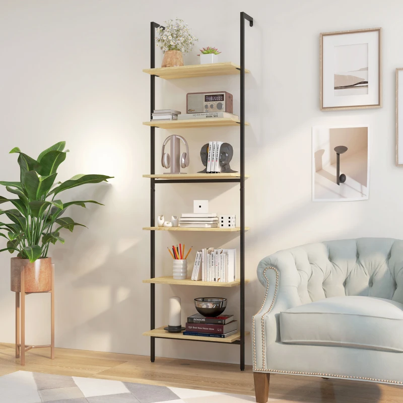 HOMCOM Scaffale Libreria Industriale da parete con 6 ripiani in Acciaio, 60x30x206 cm, Legno Naturale