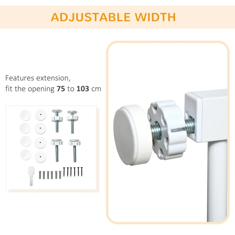 PawHut Pressure Fit Safety Gate, for Staircases, Hallways, Doorways w/ Extensions Kit, 75-103CM Adjustable Width - White