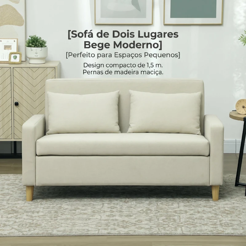 HOMCOM Sofá de 2 Lugares Estofado em Linho Sintético com Espaço de Armazenamento 2 Almofadas e Pés de Madeira 135x71x84 cm Bege
