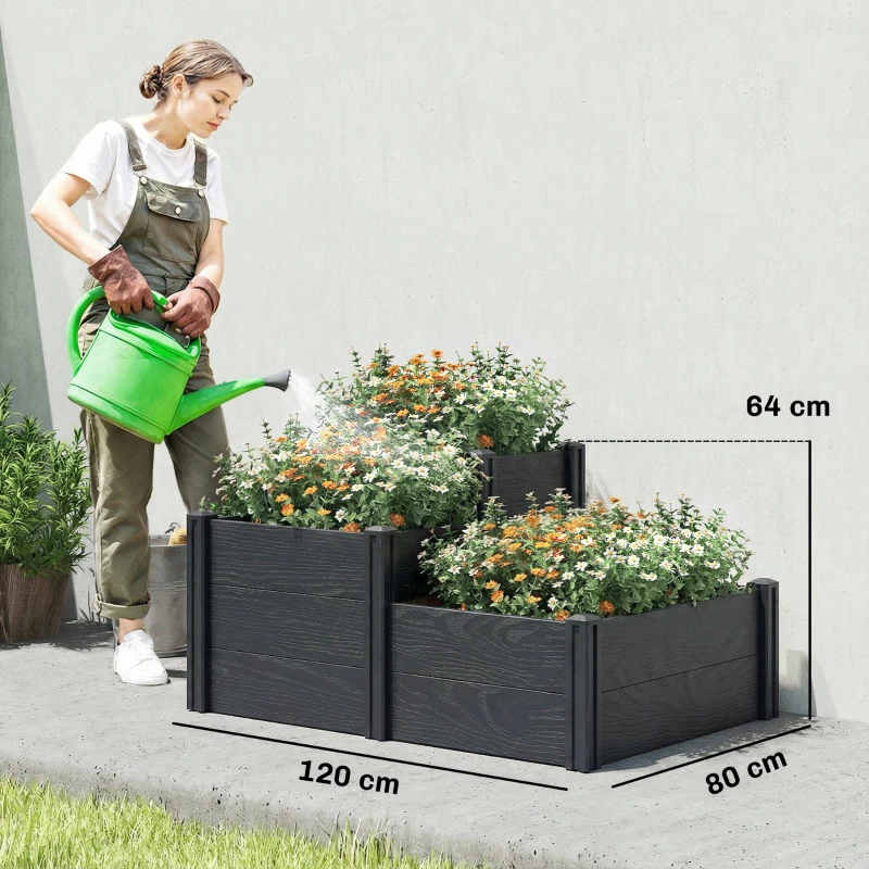 Outsunny Jardinière surélevée, lit de jardin à 3 niveaux avec fond ouvert pour fleurs, légumes, 120 x 80 x 64 cm, effet bois gris