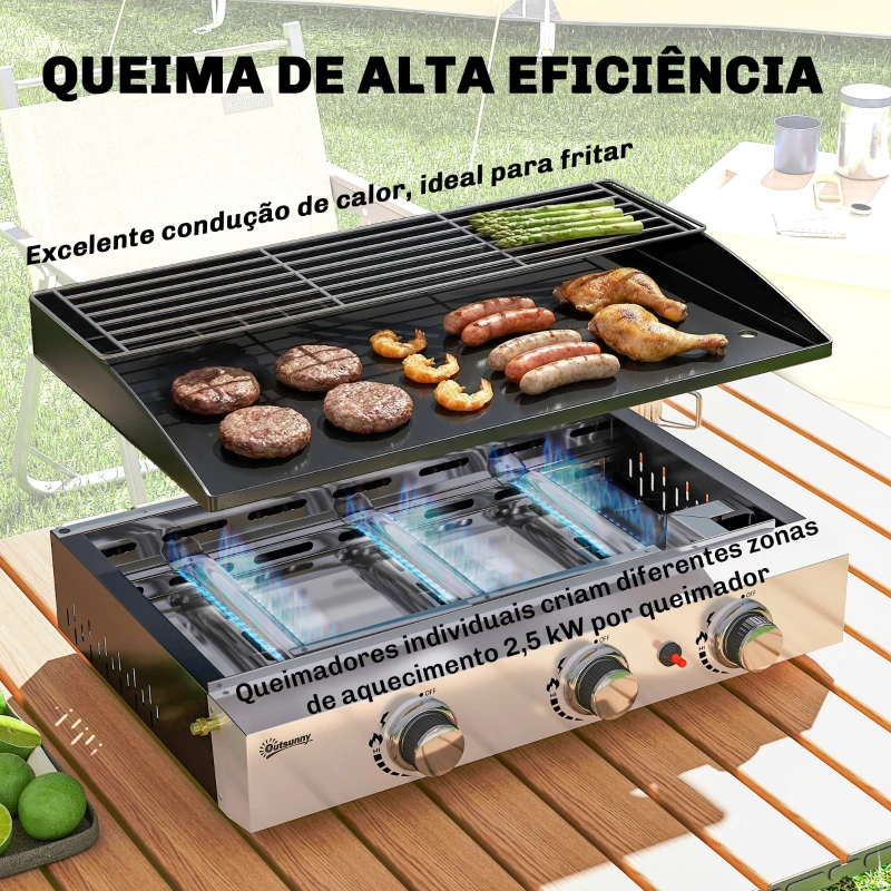 Outsunny Barbecue a Gás com 3 Queimadores 7,5 kW Barbecue Portátil com Placa Grelha de Aquecimento e Recipiente de Gordura Preto