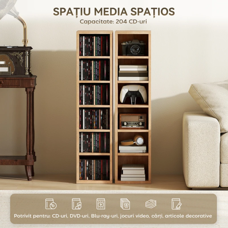 HOMCOM Set 2 Suporturi pentru CD-uri cu 6 Etajere Reglabile pentru 204 CD-uri, din Lemn, 21x22.5x88.5 cm, Culoare Lemn