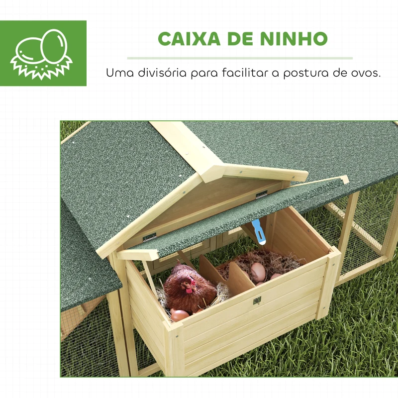 PawHut Galinheiro Grande para Exterior em Madeira 204x85x93 cm com Caixa de Ninho Cercado Bandeja Removível e Poleiro Madeira