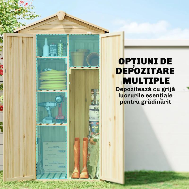 Outsunny Dulap de Grădină cu 3 Uși, 4 Rafturi și Cârlige, din Lemn de Brad, 93x53x168 cm, Culoare Lemn