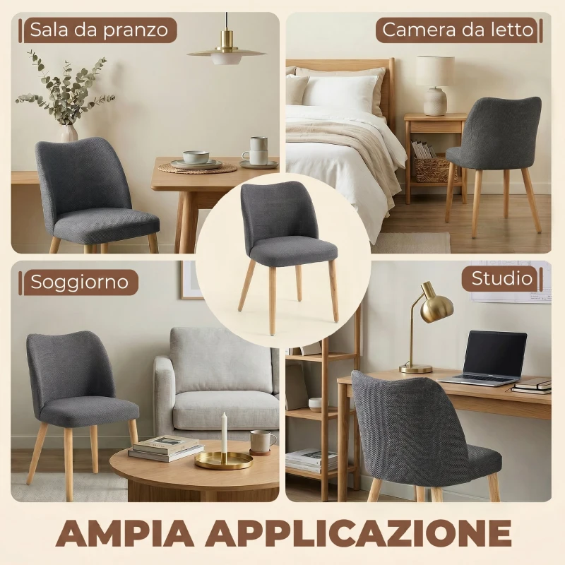 HOMCOM Set di 2 Sedie Pranzo Imbottite con Gambe Legno Hevea, Tessuto Grigio Chiaro