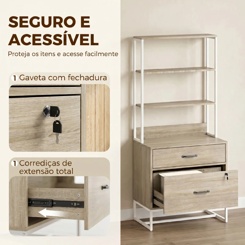 HOMCOM Arquivador com Prateleiras Móvel de Escritório com Prateleiras Gaveta para Arquivos A4 e Carta e Suporte para Impressora 70x40x157 cm Carvalho