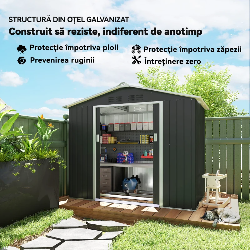 Căsuță din Metal 2,77 m² Outsunny 213 x 130 x 185 cm cu Fundație, Uși Glisante Gri Închis