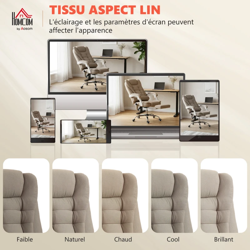 Vinsetto Fauteuil de bureau direction massant chauffant hauteur réglable dossier inclinable toile de lin beige