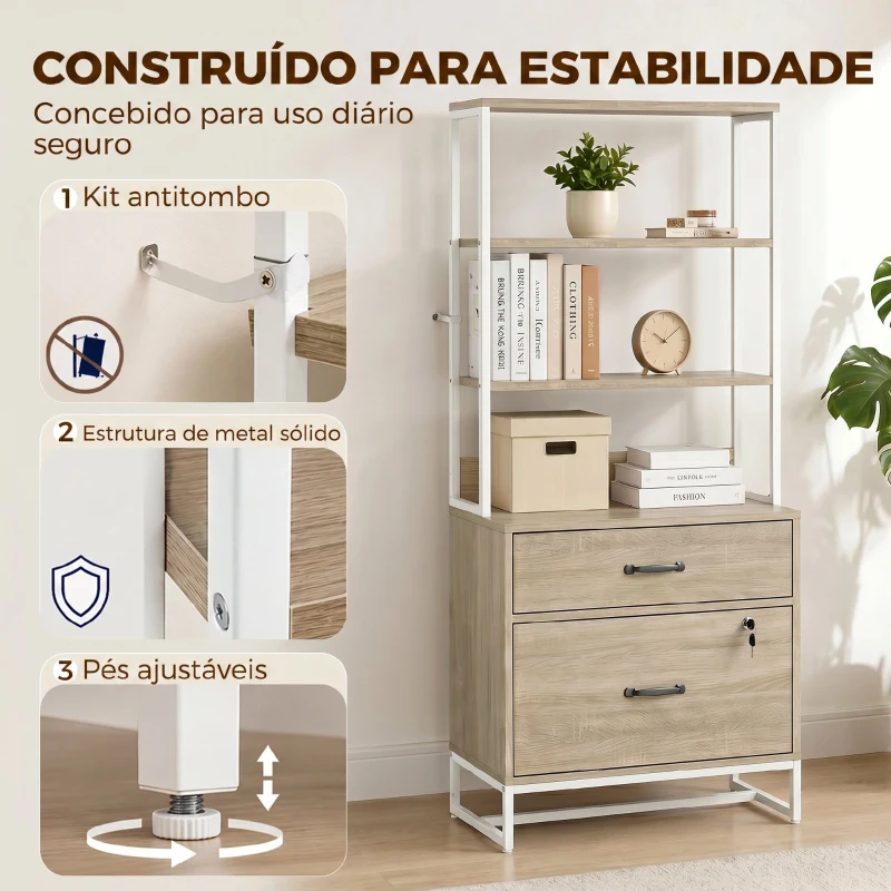 HOMCOM Arquivador com Prateleiras Móvel de Escritório com Prateleiras Gaveta para Arquivos A4 e Carta e Suporte para Impressora 70x40x157 cm Carvalho