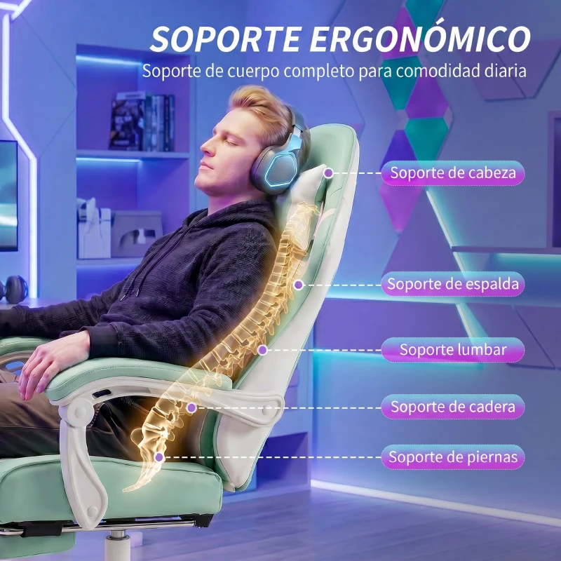 HOMCOM Silla Gamer con Lumbar Masaje Vibración Reclinable 155° Altura Ajustable Reposacabezas y Reposapiés Retráctil Azul