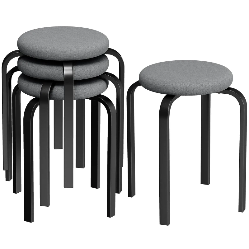 HOMCOM Stackable Stools Modern Cushioned Round Backless Stools Set of 4 Kitchen Dining Room Dark Grey