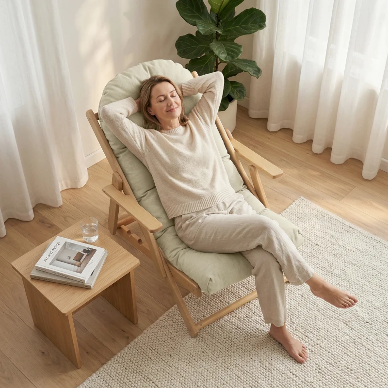 HOMCOM Fauteuil Chaise de Salon Pliable et inclinable en Bois Fauteuil Relax Confortable avec Coussin capitonné épais