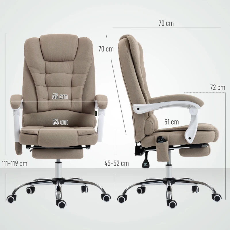 Vinsetto Fauteuil de bureau direction massant chauffant hauteur réglable dossier inclinable toile de lin beige