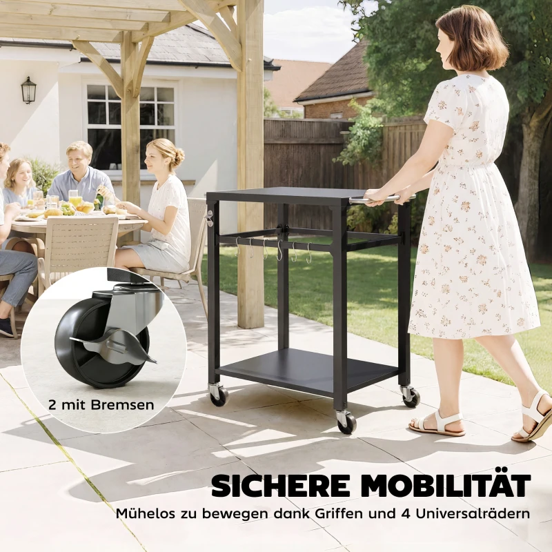 Outsunny Outdoor-Grillwagen, Pizzaofen-Stand mit Metalloberfläche, 2-stufige rollende Küchenstation mit Haken und Griff, Schwarz
