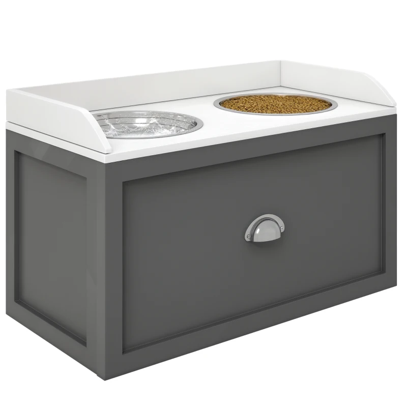 PawHut Ciotole per Cani Rialzate in Acciaio Inox e Legno con Cassetto, 60x30x36cm, Grigio