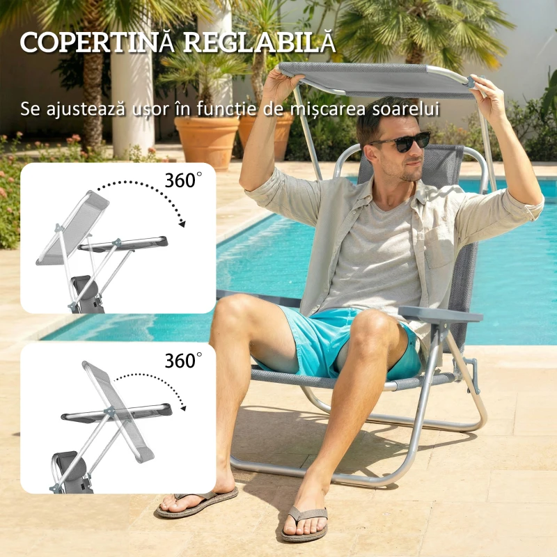 Outsunny Șezlong Reclinabil cu 6 Nivele, Copertină Reglabilă și Tetieră, din Aluminiu și Plasă, 62x68x79, Gri