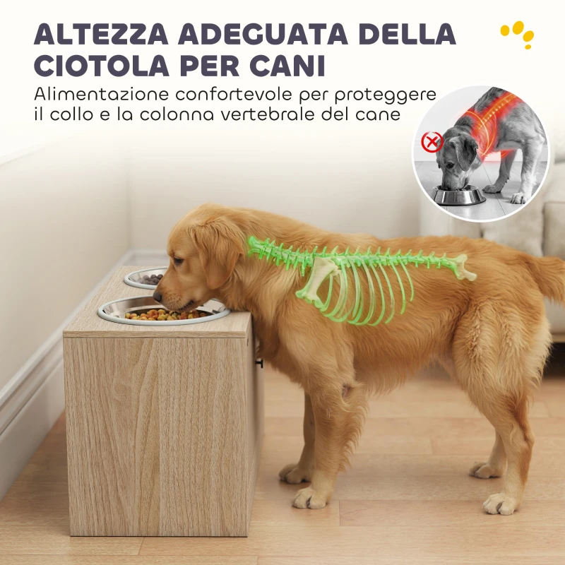 PawHut Portaciotole per Cani con 2 Ciotole da 2L in Acciaio Inox e Armadietto Inferiore, in Legno, 60x30x35.5 cm, Rovere