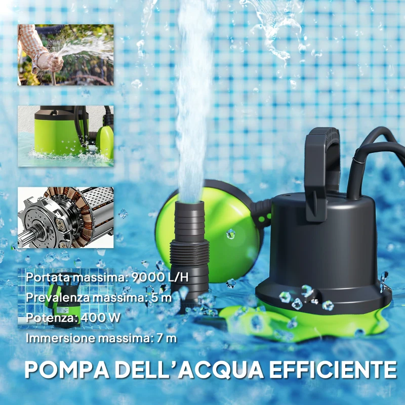 Outsunny Pompa Acqua Sporca/Pulita 400W, 9.000L/h, Pompa Sommersa Acque Sporche 7m Profondità Max, Gestisce Particelle fino a 15mm, Interruttore a Galleggiante, Verde