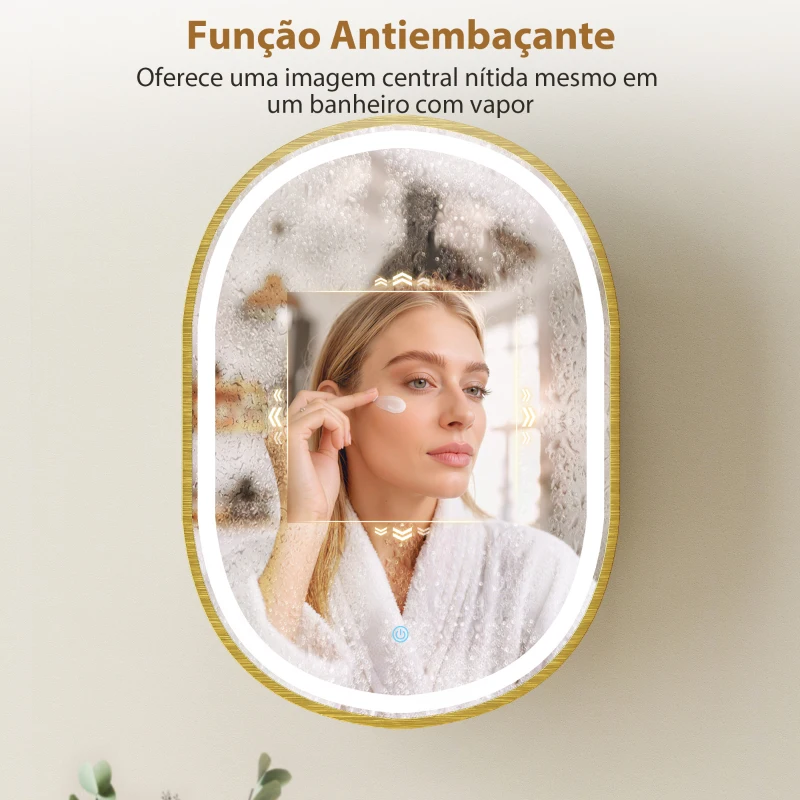 HOMCOM Armário de Casa de Banho com Espelho e Luzes LED de 3 Cores, Armário de Parede Oval com Memória e Função Antivapor, Dourado