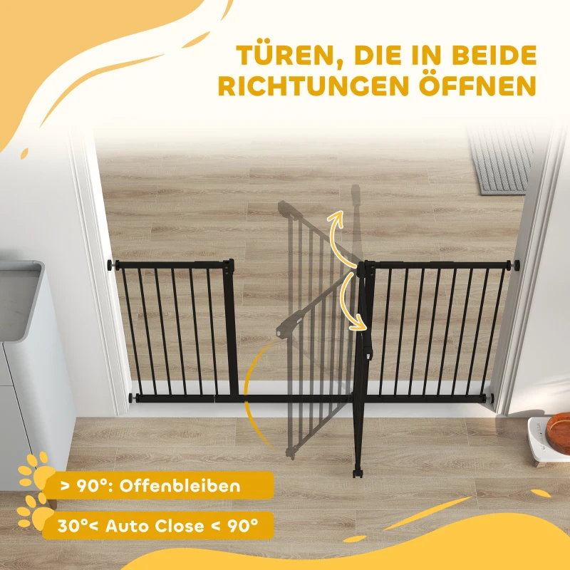 PawHut Türschutzgitter Treppenschutzgitter mit 17,5/20,3/30,5 cm Verlängerung Türgitter ohne Bohren mit Auto-Close für Breiten 74-147,5 cm Beidseitig Schwenkbar Metall Schwarz