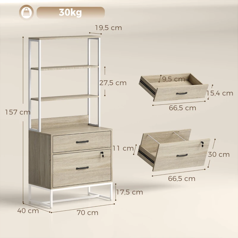 HOMCOM Arquivador com Prateleiras Móvel de Escritório com Prateleiras Gaveta para Arquivos A4 e Carta e Suporte para Impressora 70x40x157 cm Carvalho