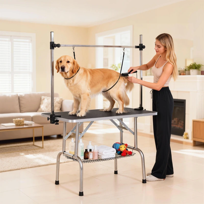 PawHut Table de toilettage pour chien pliante potence H-forme inox réglable 2 sangles panier 107 x 60 x 164 cm noir