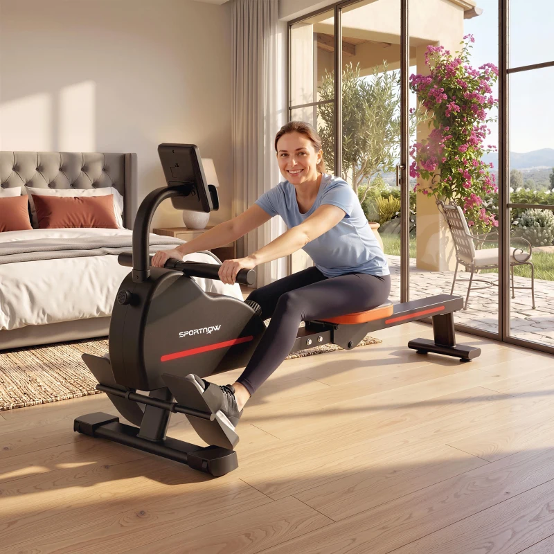 SPORTNOW Rameur Magnétique Appareil de Musculation Bluetooth Connecté Kinomap & Zwift 16 Niveaux de Résistance 135x42x72cm Rouge