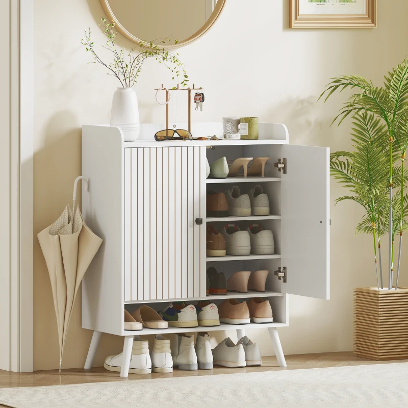 HOMCOM Sapateira de 2 Portas em Ripas Sapateira para Entrada com Prateleiras Ajustáveis Compartimento Aberto para 15 Pares de Sapatos 75x35x97 cm Branco