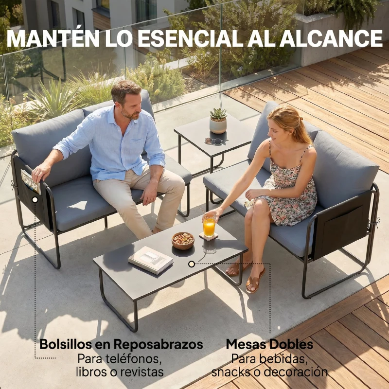 Outsunny Conjunto Jardín Exterior de 4 Piezas con 2 Sofás 2 Plazas 2 Mesas de Vidrio Cojines Fundas Extraíbles y Bolsillos Gris