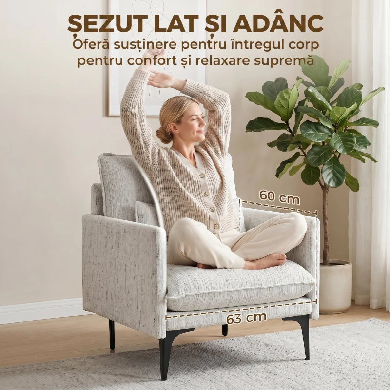 HOMCOM Fotoliu Living Tapițat din Țesătură cu Efect de In cu Brațe, Pernă Lombară și Șezut Generos, Alb