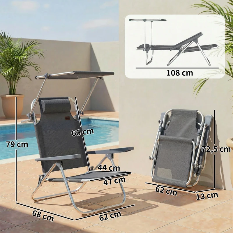 Outsunny Sonnenliege klappbar Gartenliege mit Kopfkissen verstellbarem Dach 6-Fach verstellbare Rückenlehne 62 x 68 x 79 cm Dunkelgrau