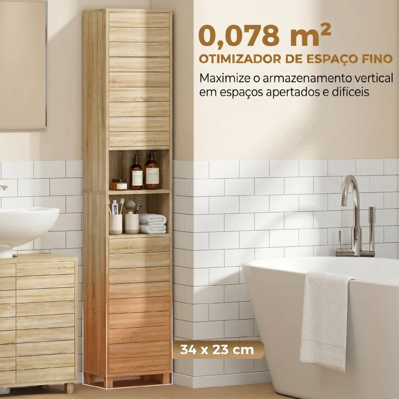 HOMCOM Coluna Casa de Banho Armário Alto de Casa de Banho com Prateleiras Ajustáveis Portas de Ripas Abertura por Pressão 34x23x170 cm Madeira